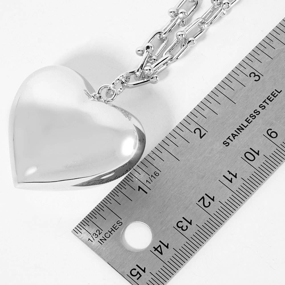 Gold Dipped Bold Puffy Heart Pendant Industrial Chain Necklace: Rhodium