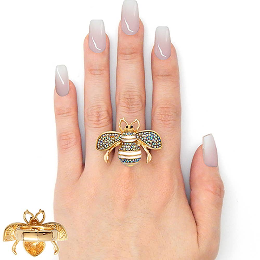Rhinestone Embellished Honey Bee Stretch Ring: Gold