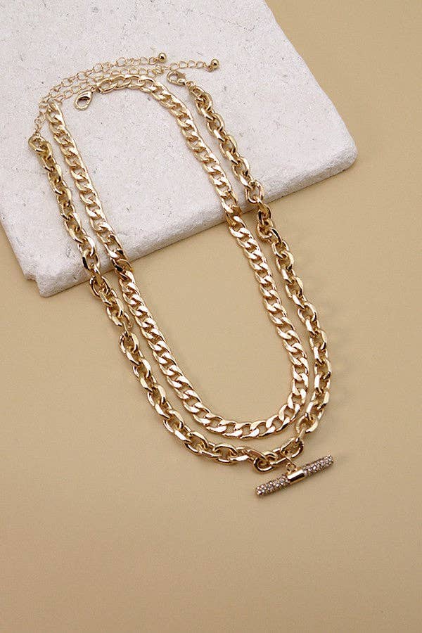 RHINESTONE BAR CHUNKY CHAIN DOUBLE LAYER NECKLACE | 71N220950: GOLD