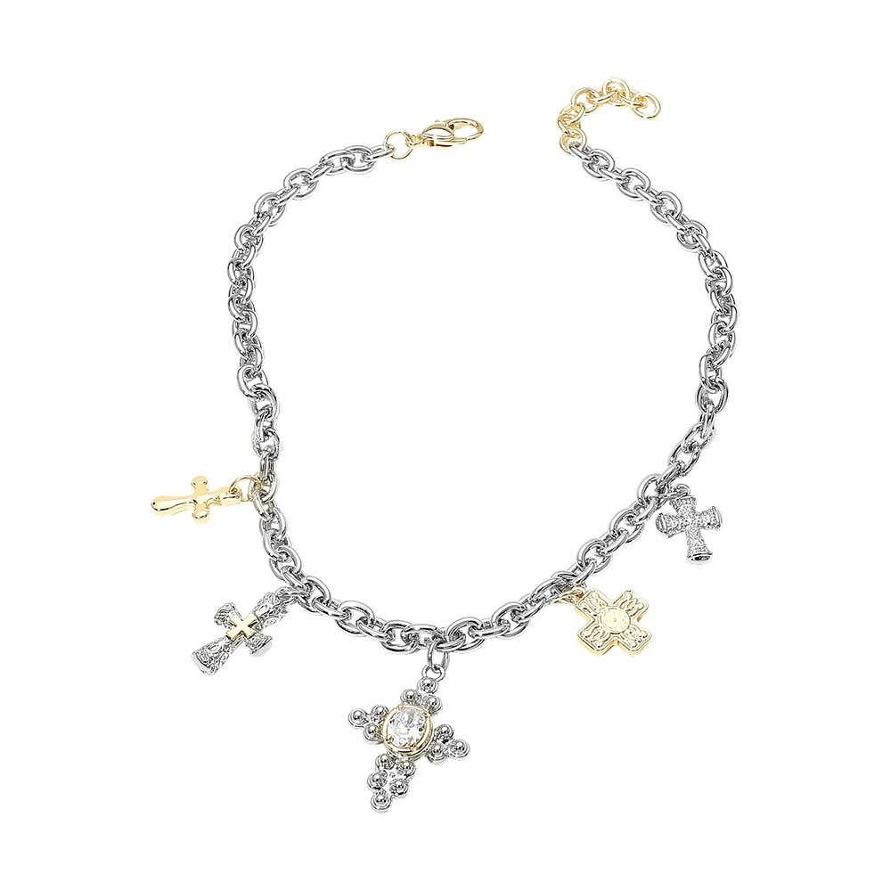 14K Gold Plated Two Tone Oval CZ Accent Cross Charm Station Necklace