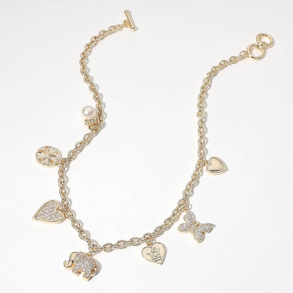 14K Gold Plated CZ Paved Elephant Butterfly Charm Necklace