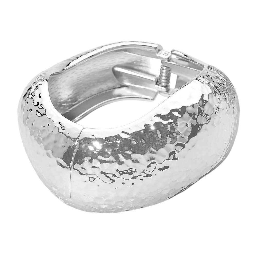 Chunky Hammered Metal Wavy Hinged Bangle Bracelet: Rhodium