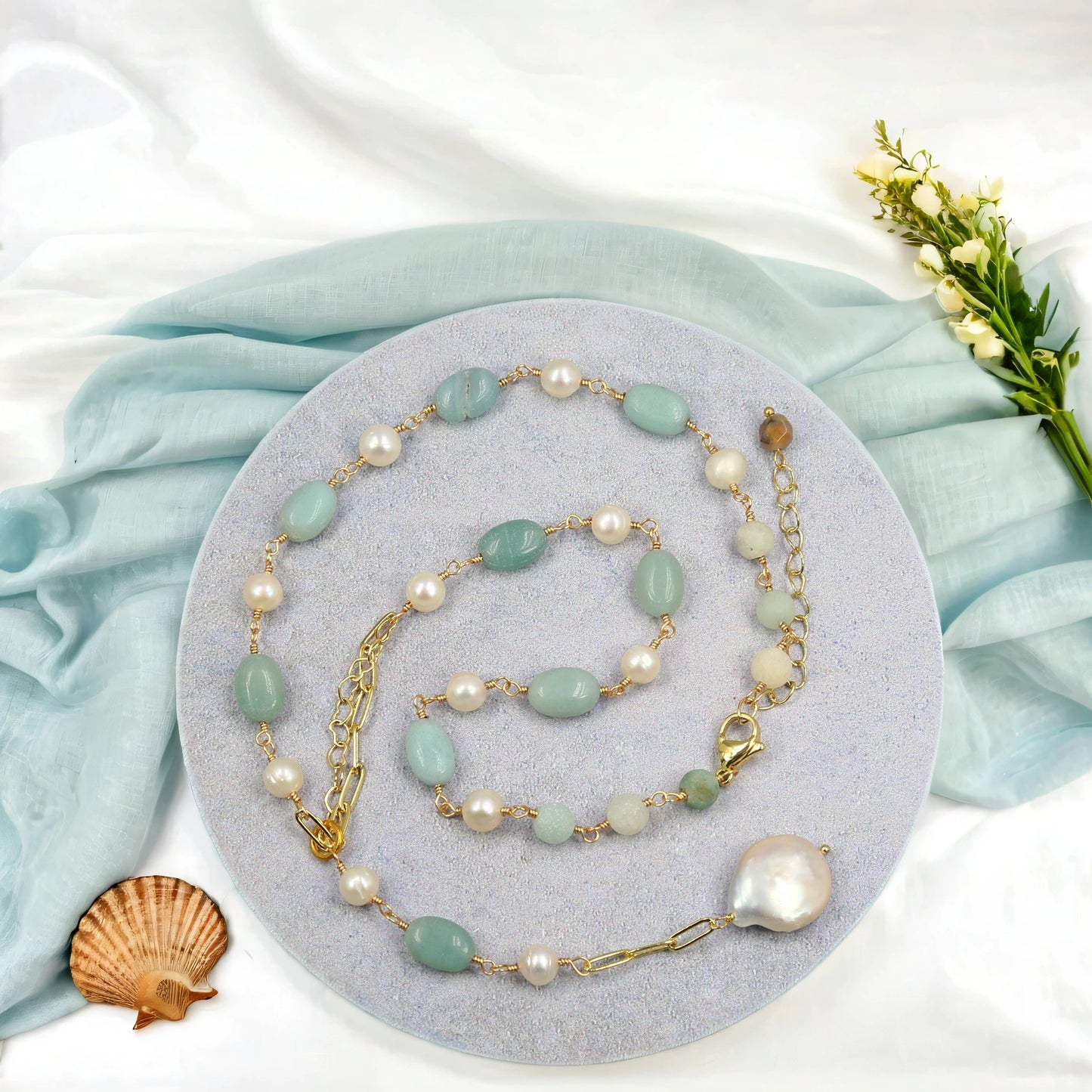 Amazonite and Cultured Pearl Y Style Necklace