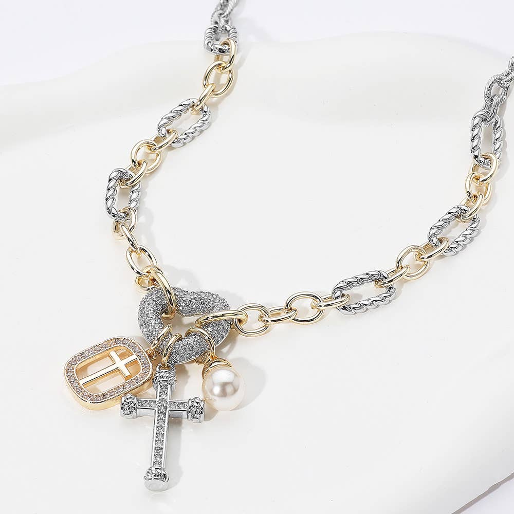 Two Tone 14K Gold Plated CZ Heart Cross Pendant Necklace