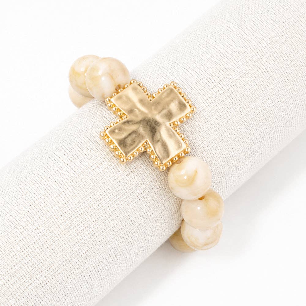 Natural Beaded with Hammered Squared Cross Stretch Bracelet