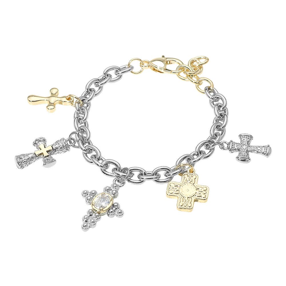14K Gold Plated Two Tone Oval CZ Accent Cross Charm Station Bracelet