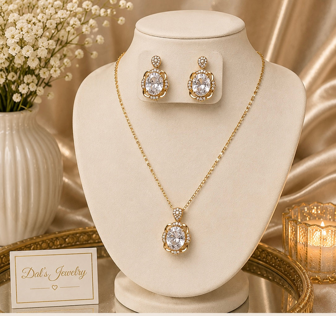Oval Sparkling Cz Post Earrings & Necklace Set 14k Gold Plated