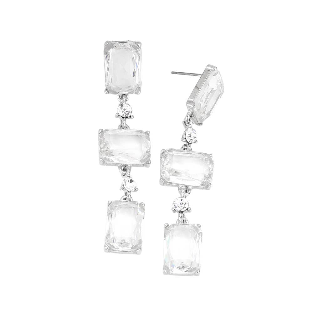 Rectangle Glass Stone Link Dropdown Earrings: Clear,Silver