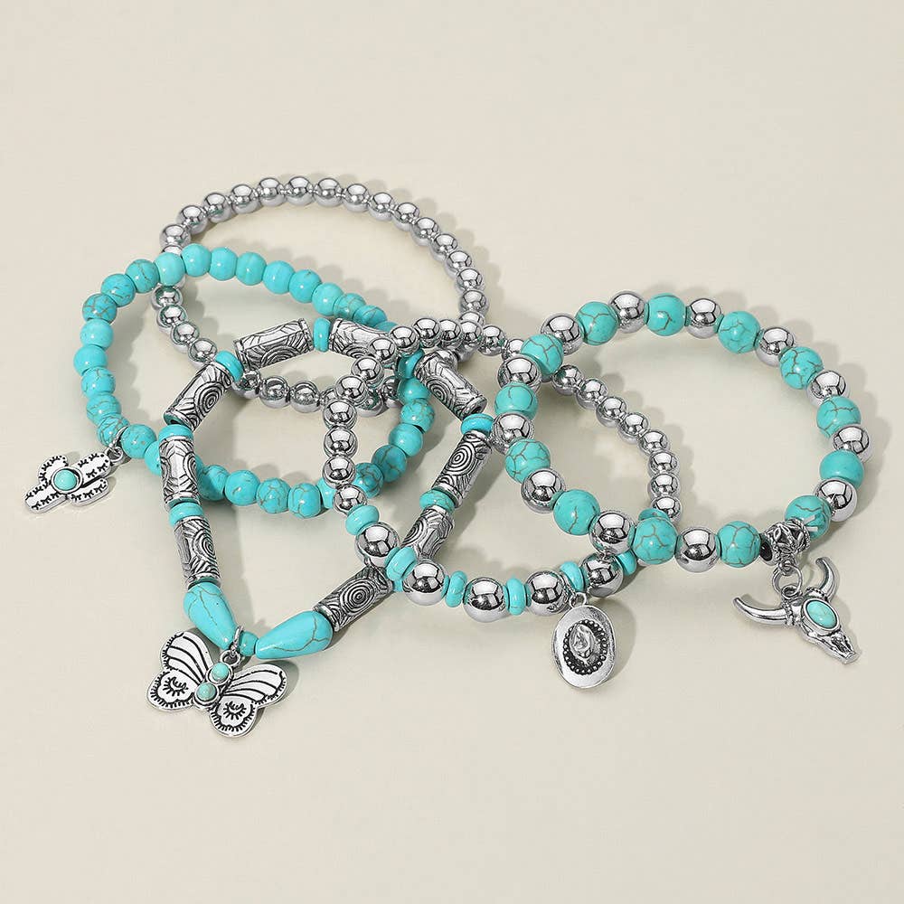 Boho Western Steer Head Cowboy Hat Butterfly Totem Charm Beaded Stretch Multi Layered Bracelet