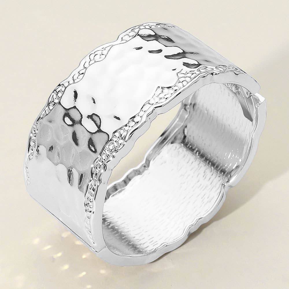Hammered Metal Wide Hinged Bangle Bracelet: Rhodium