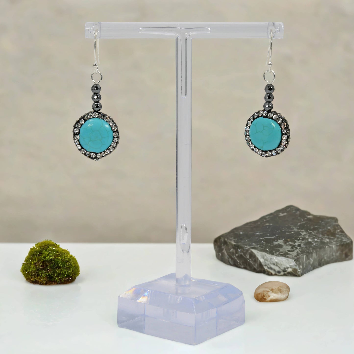Faceted Hematite and Turquoise Earrings : Magnesite Turquoise