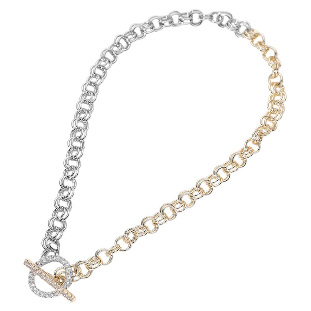 14K Gold Plated CZ Stone Paved Two Tone Chain Necklace
