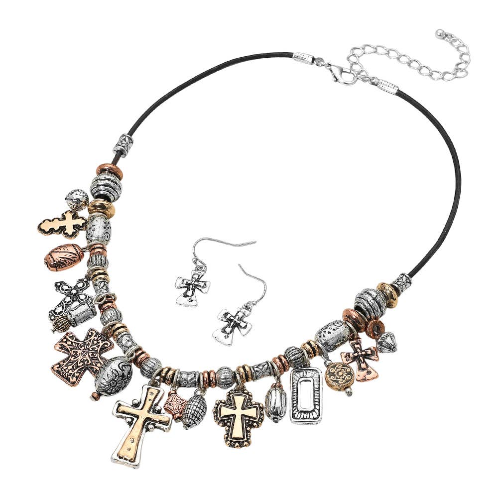 Antique Metal Cross Charm Beaded Necklace
: Mtb