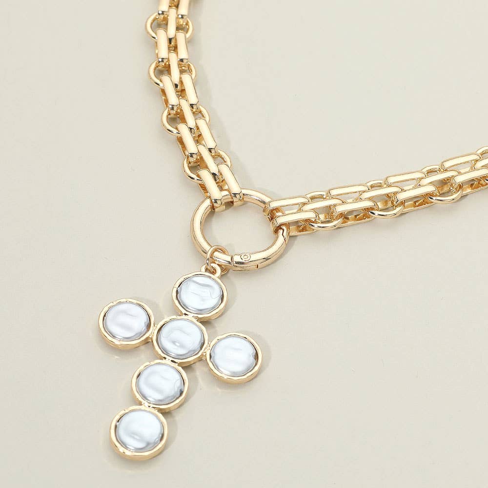 Pearl Cross Charm Pendant Chunky Chain Statement Necklace: Gold, Brown, Pearl