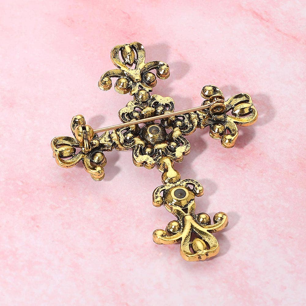 Elegant Stone Embellished Cross Pin Brooch: Clear,Gold