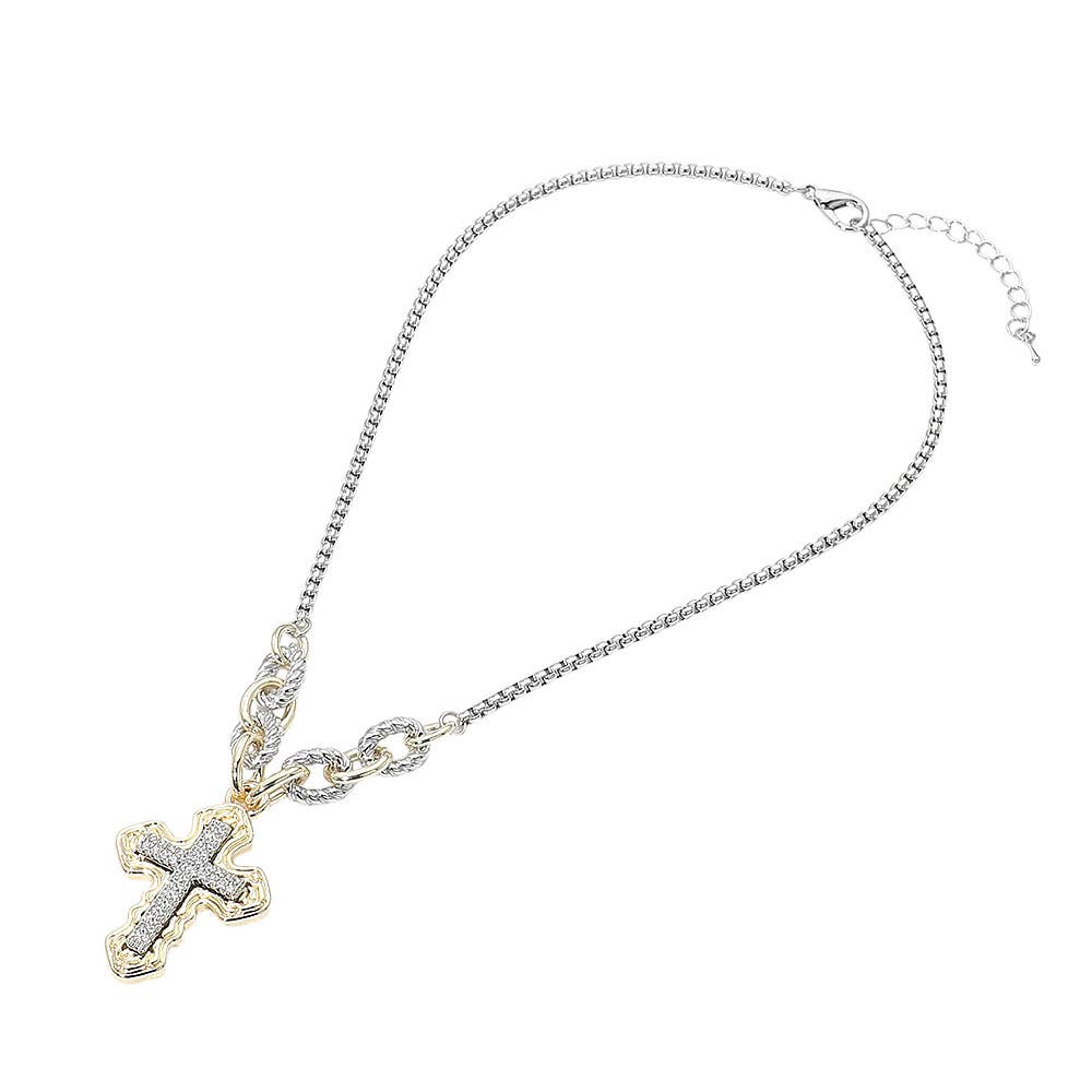 14K Gold Plated Two Tone CZ Pave Cross Pendant Necklace
