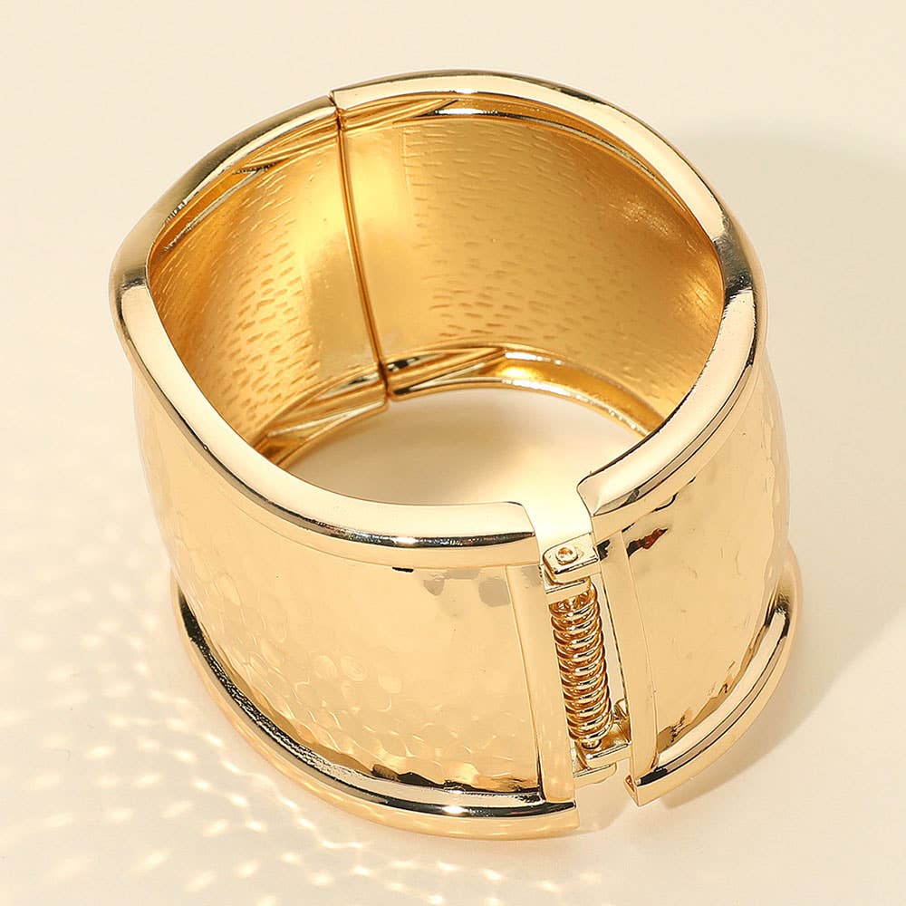 Wide Textured Metal Hinged Bangle Bracelet: Gold
