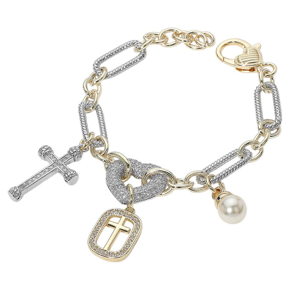 14K Gold Plated Two Tone CZ Stone Paved Heart Link Cross Pearl Charm Accent Bracelet