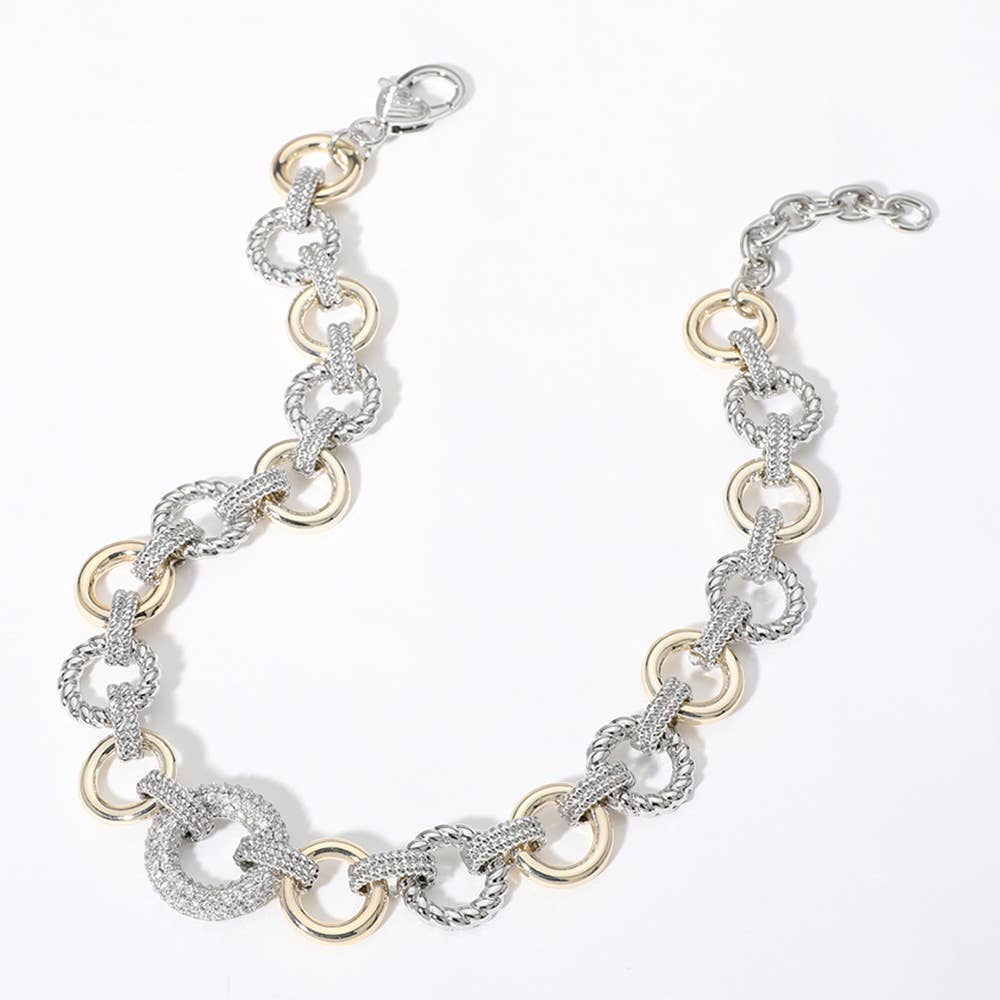 14K Gold Plated Two Tone CZ Stone Paved Ring Link Necklace