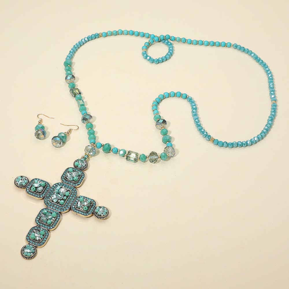 Stone Pearl Embellished Cluster Cross Pendant Faceted Beaded Long Necklace: Blue, Brown, Turquoise