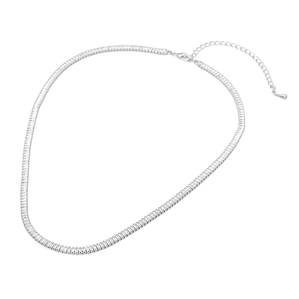18K Gold Dipped Baguette Tennis Chain Necklace: Clear,Silver