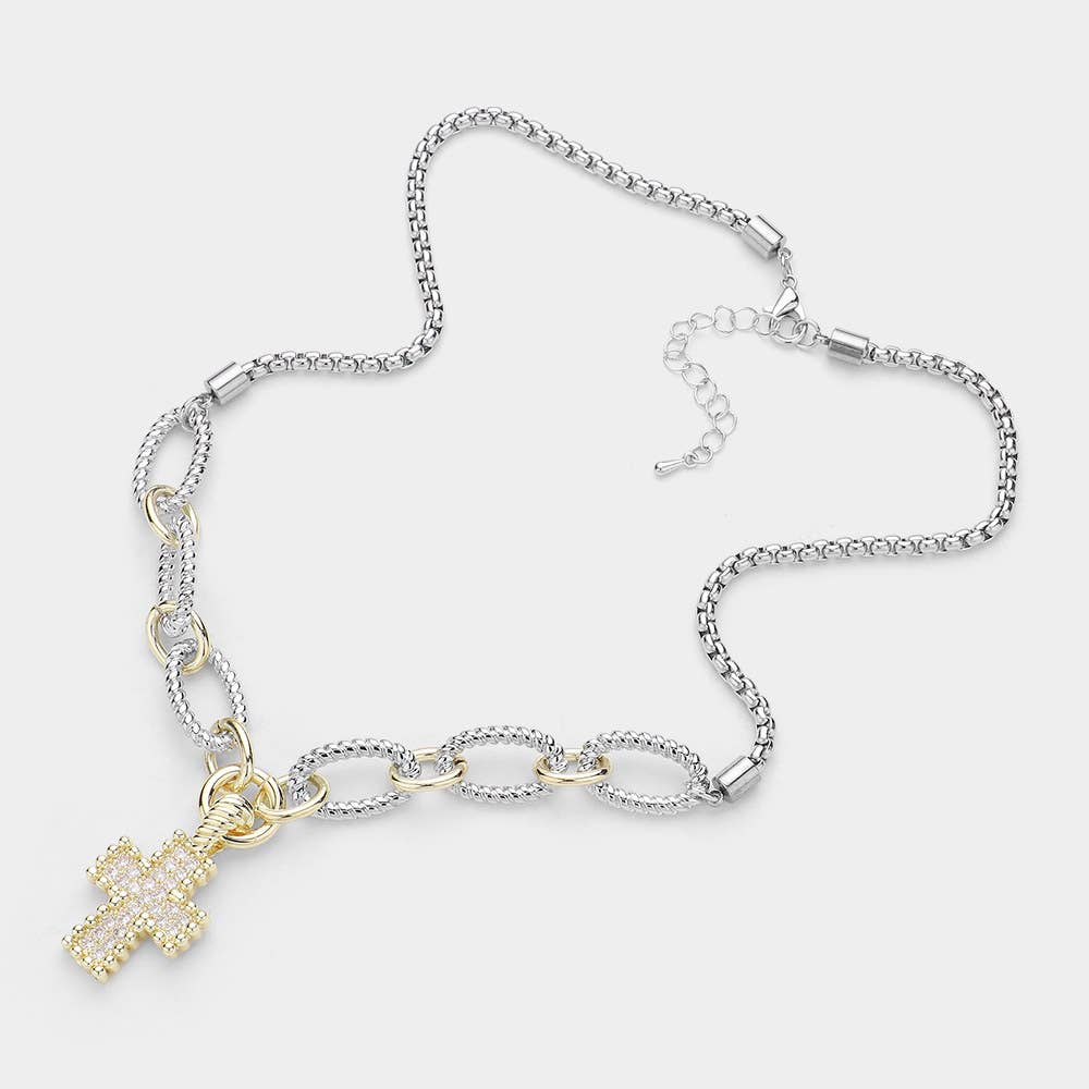 14K Gold Plated Two Tone CZ Stone Paved Cross Pendant Necklace