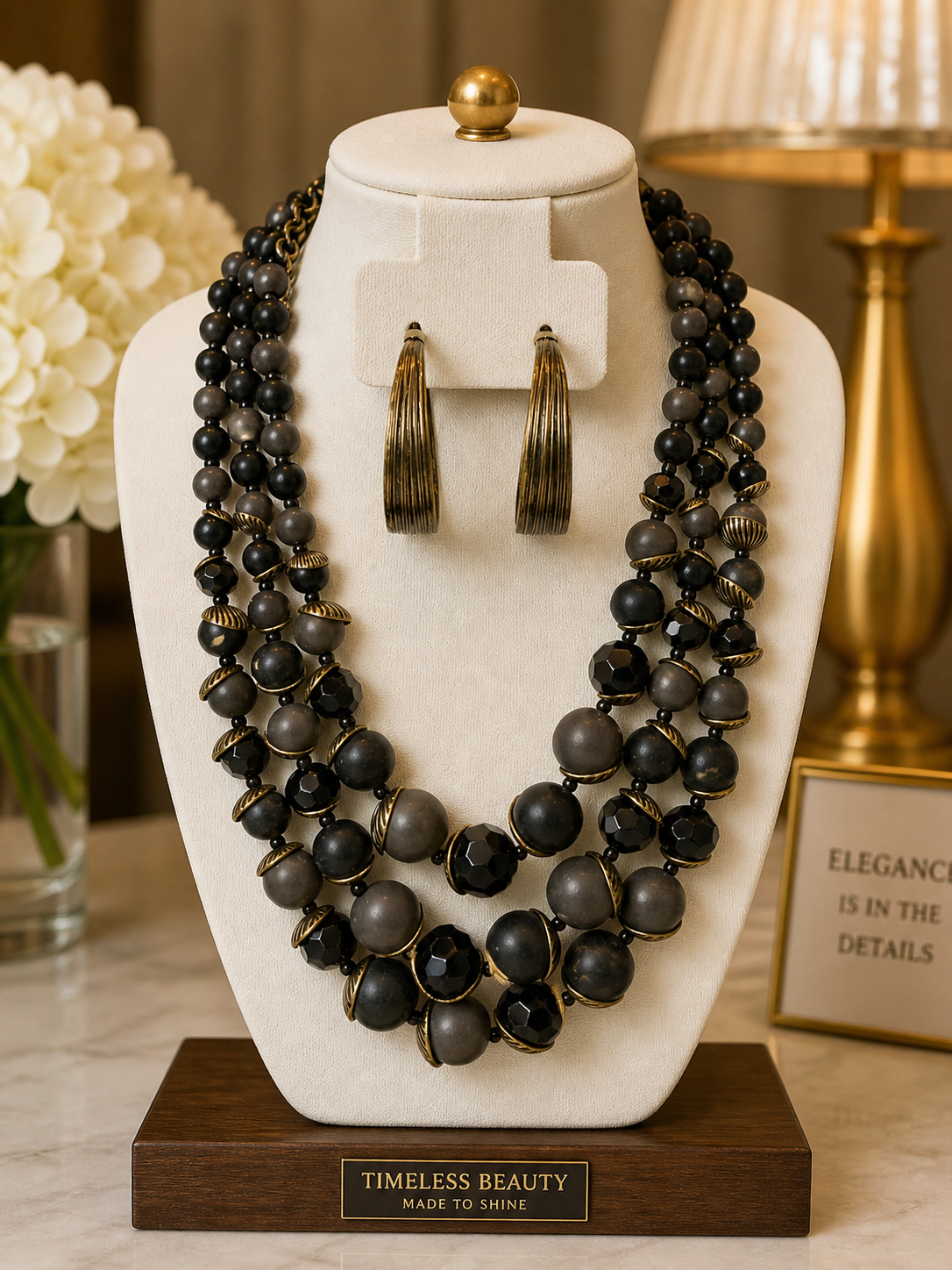 Midnight Charcoal Multi-Strand Beaded Necklace & Hoop Earring Set