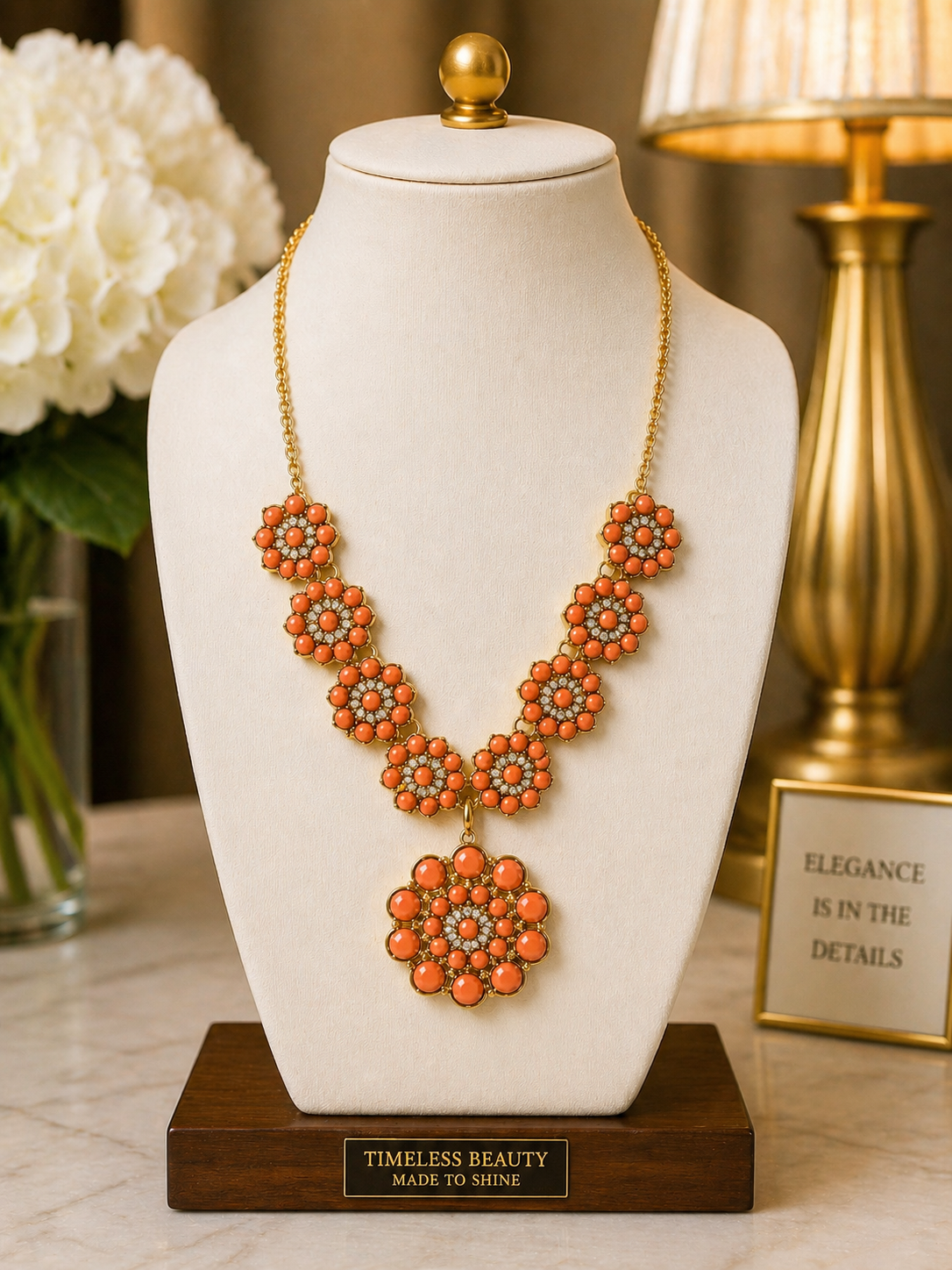 Coral Bloom Floral Statement Necklace & Earring Set