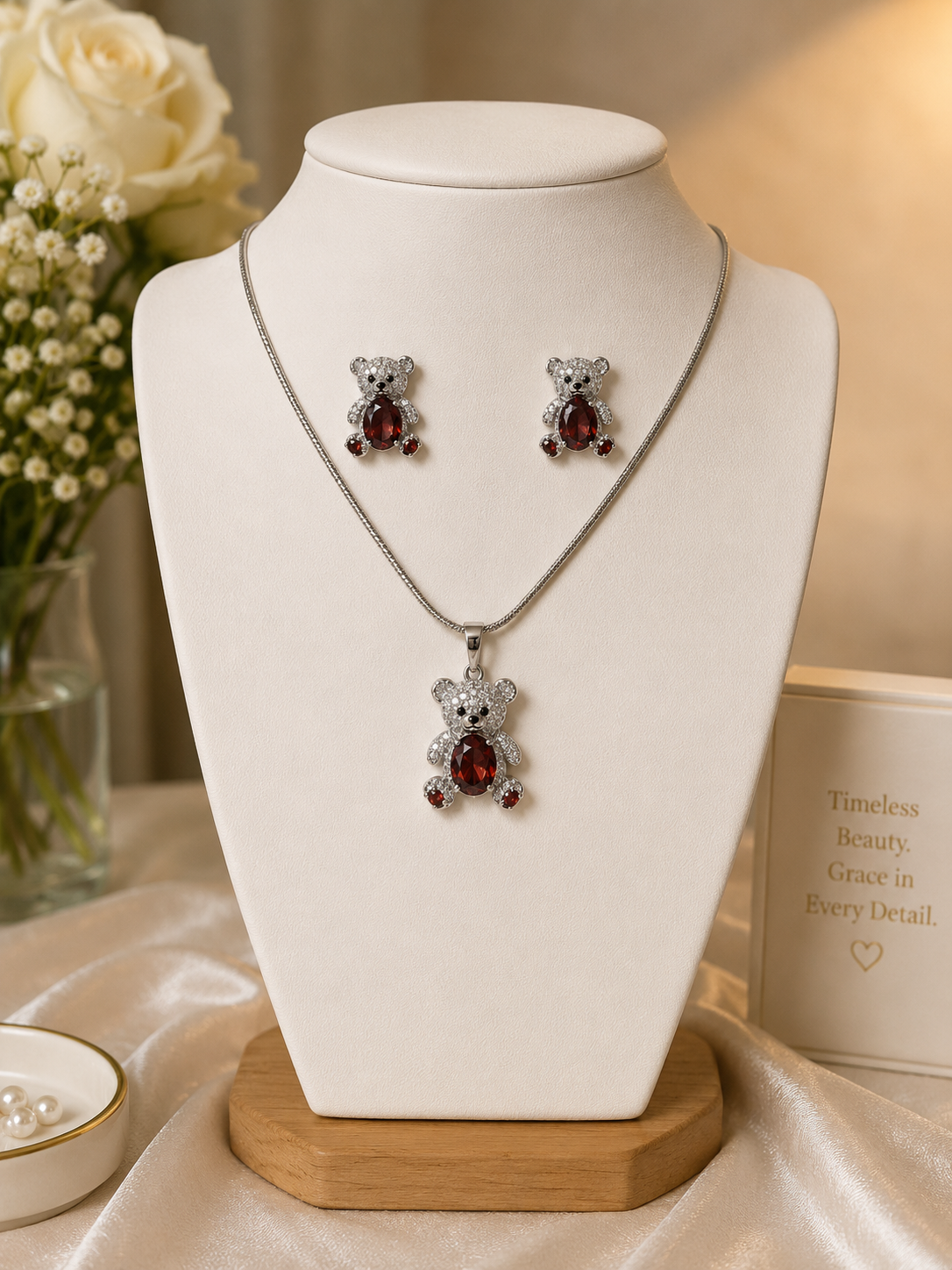 Copper Red Bear Earrings and Necklace Set in Silver Plated