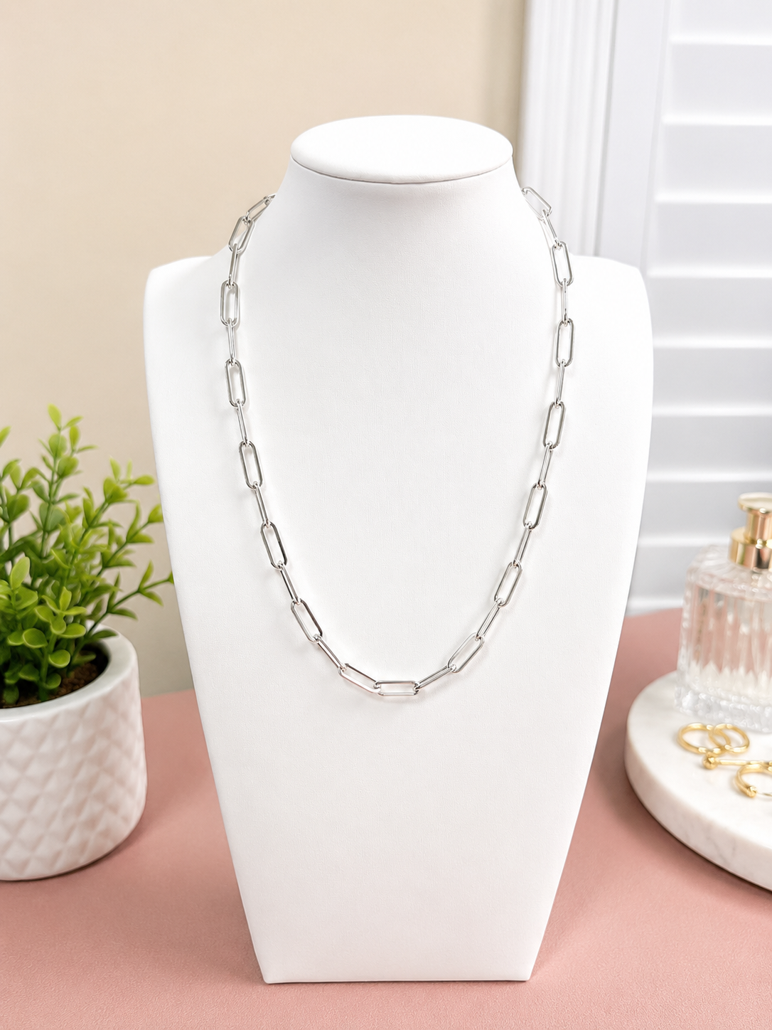 White Gold Plated Paperclip Link Chain Necklace