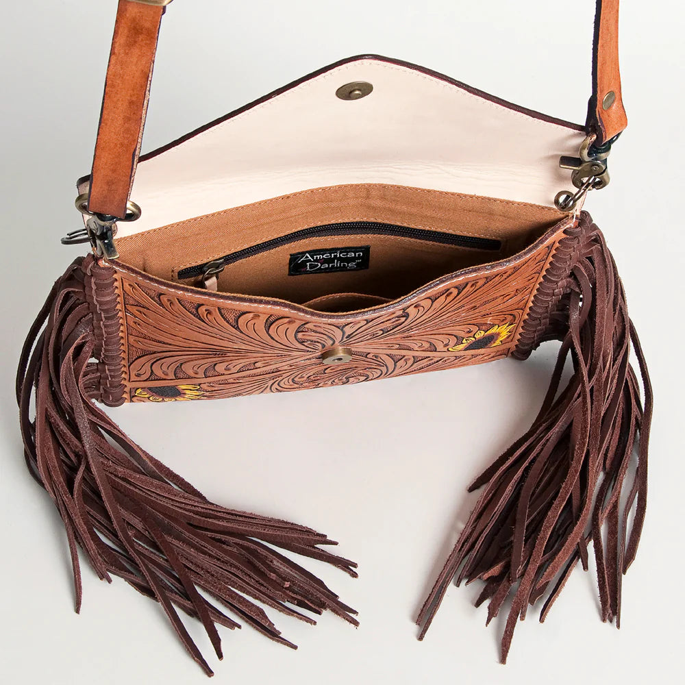 ADBGA124 American Darling Hand Tooled Western Leather Envelope Crossbody Bag With Fringe