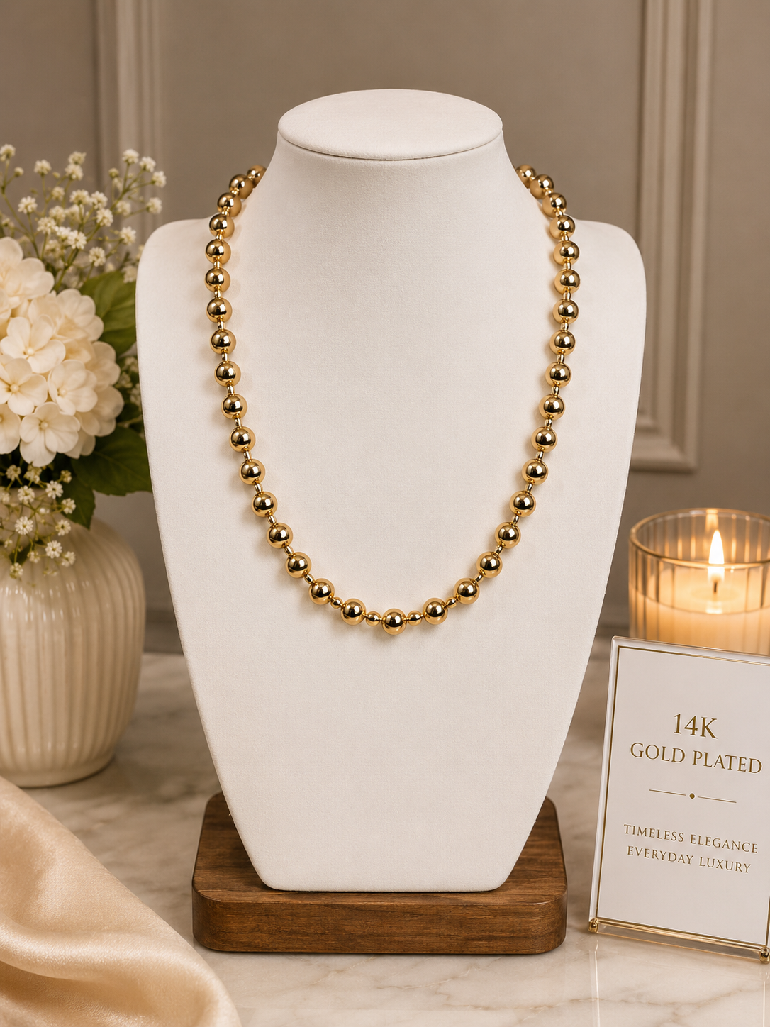 14k 8mm White Gold or Yellow Gold Plated Bead Necklace N070103