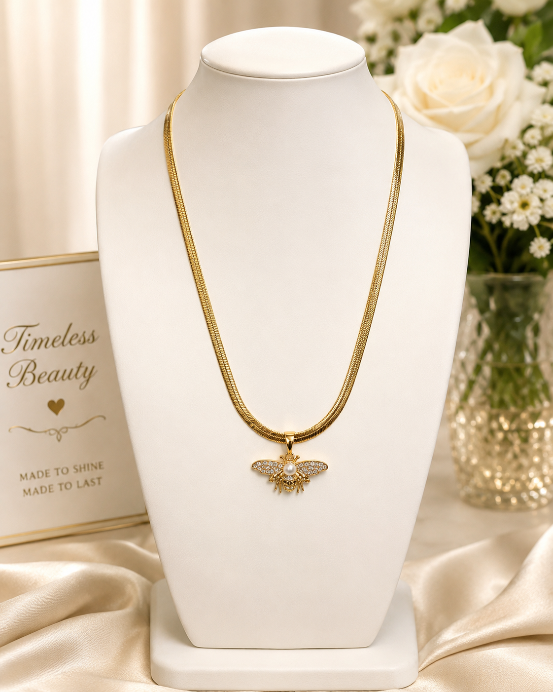 4mm 14K Gold Plated CZ Bee Pendant Herringbone 18”Necklace