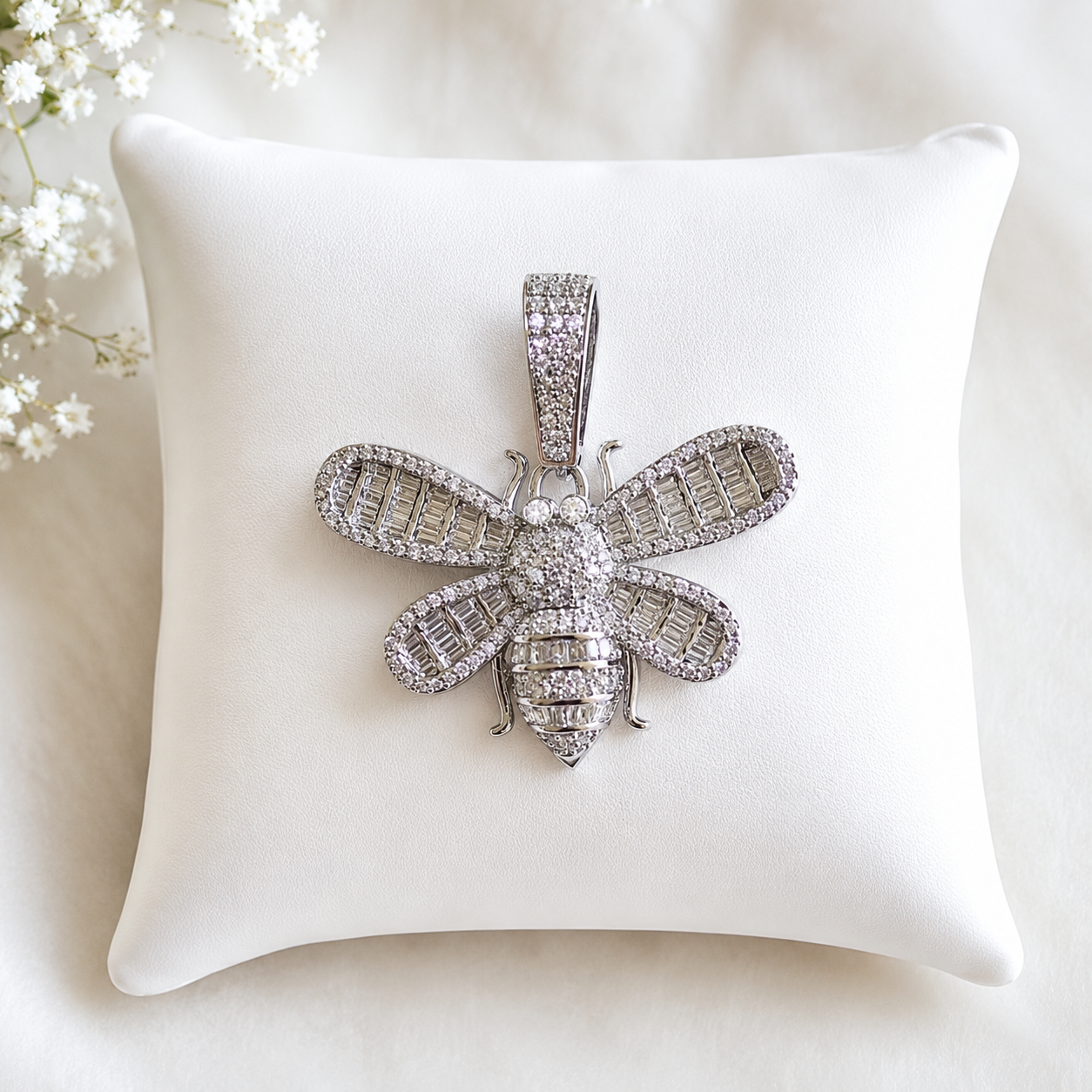 14k White Gold CZ Bee Pendant – Baguette & Round Cut Cubic Zirconia Statement Charm