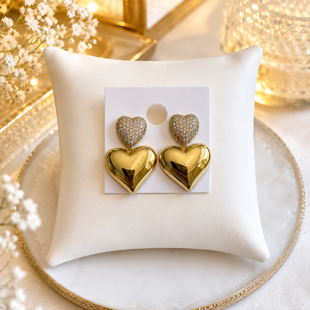 14K Gold Plated Double Heart Drop Earrings with CZ Accents