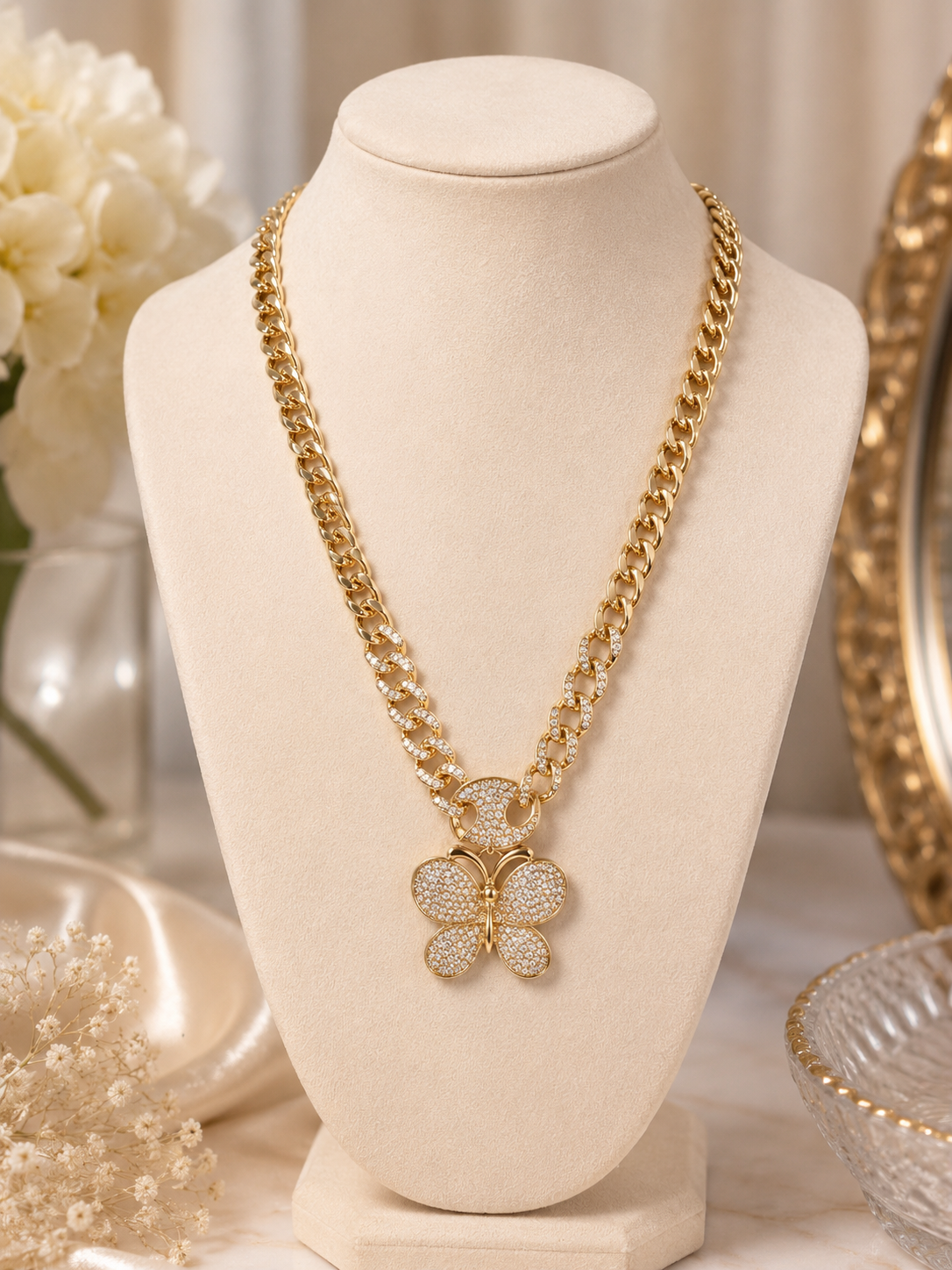 14K Gold Plated CZ Butterfly Cuban Link Statement Necklace
