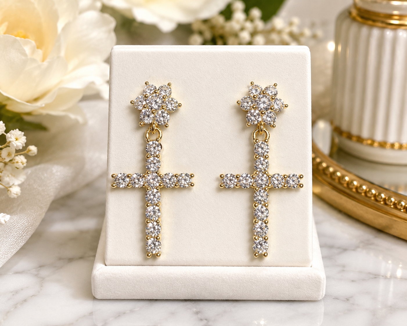 14K Gold Plated CZ Cross Drop Earrings – Elegant Sparkling Floral Stud Dangle Earrings