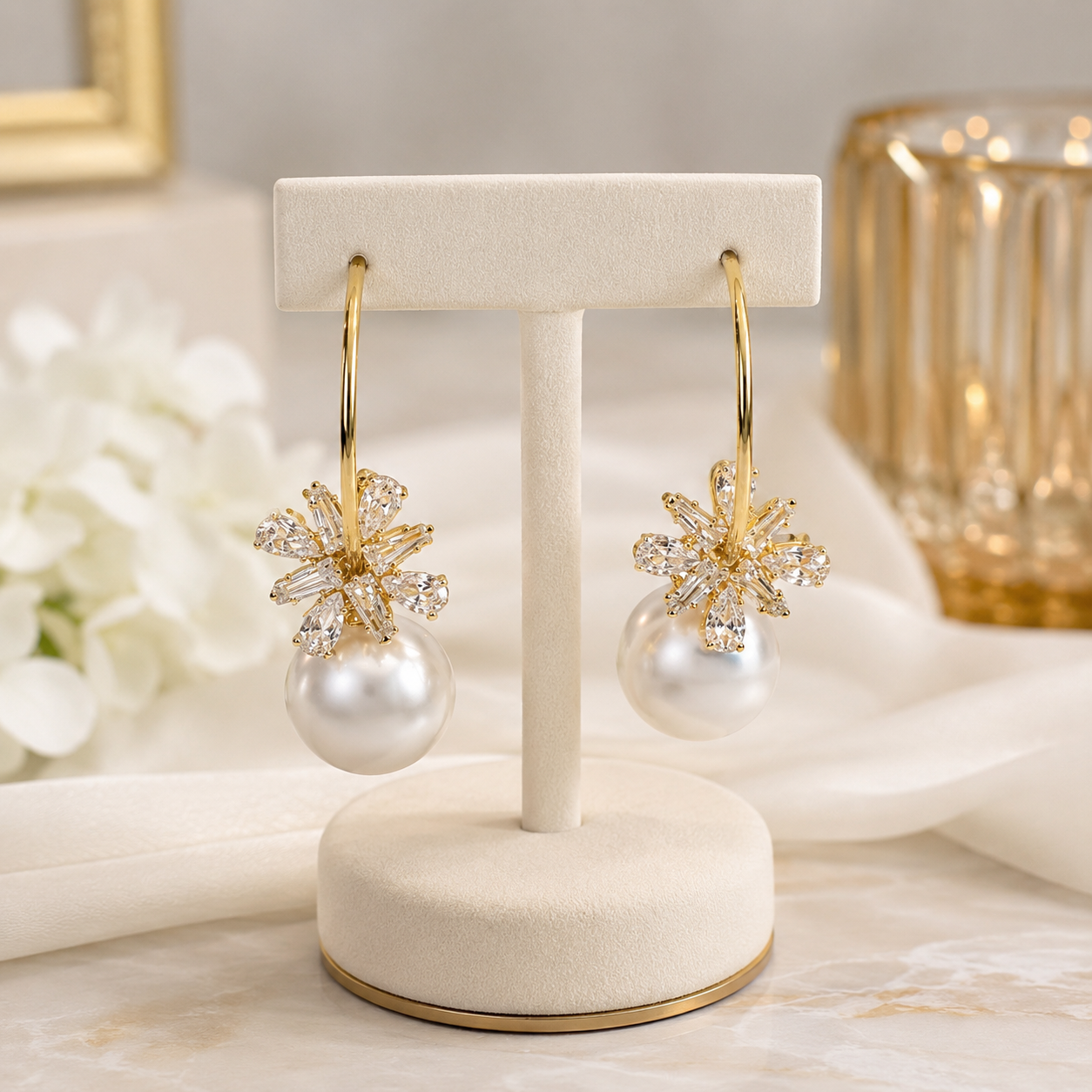 14K Gold Plated CZ Starburst Pearl Hoop Earrings