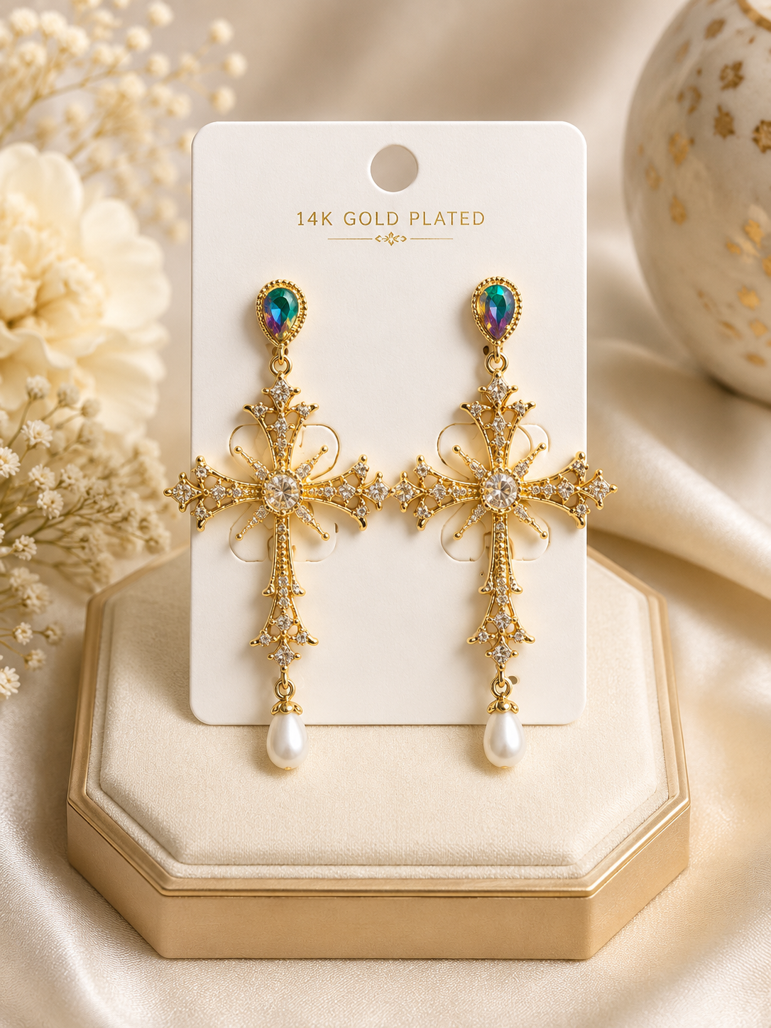 14K Gold Plated Cross Drop Earrings with Iridescent Crystal & Pearl Accent