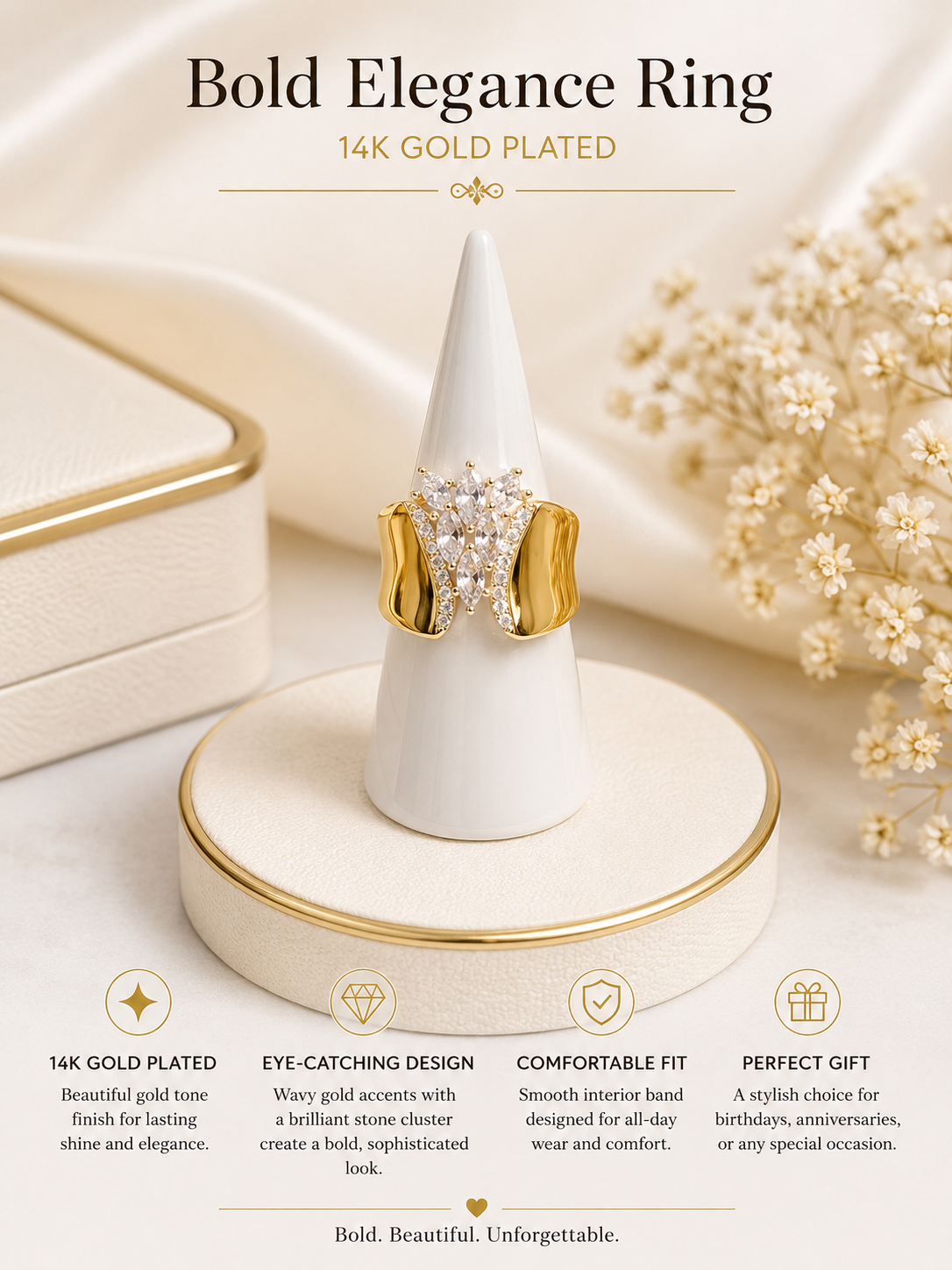 14K Gold Plated Marquise CZ Statement Ring