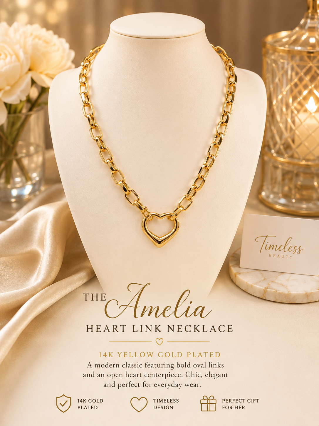 The Amelia Heart Link Necklace 14k Gold Plated 17”+2” ext