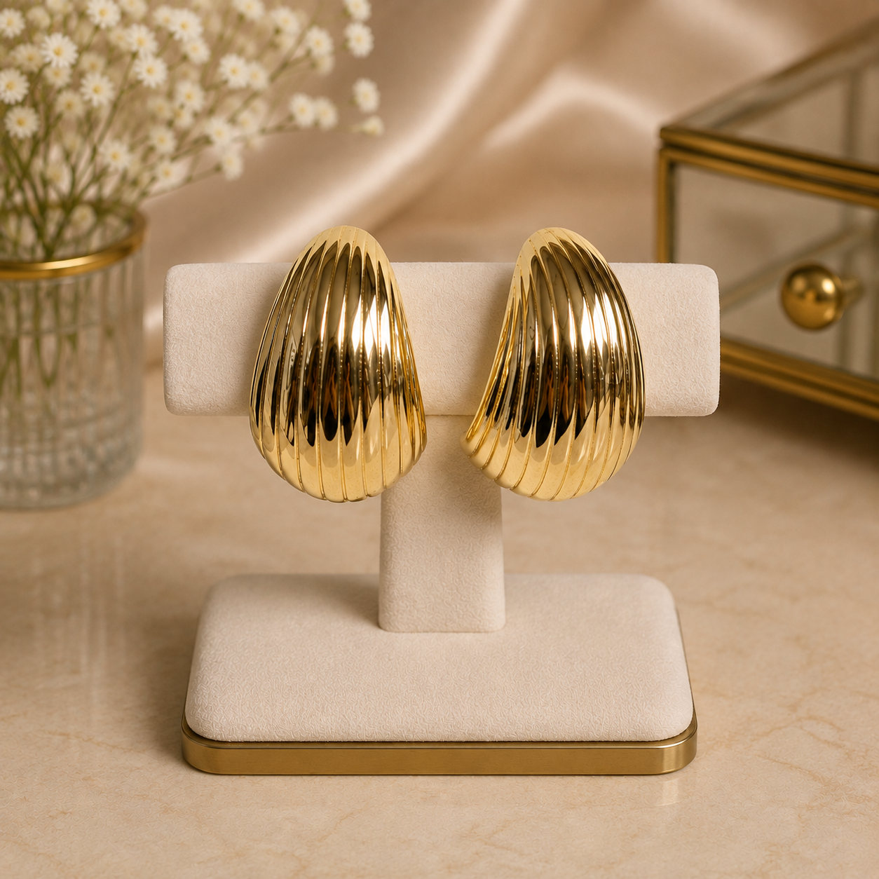 Ella Golden Ribbed Statement Earrings 14k Gold Plated