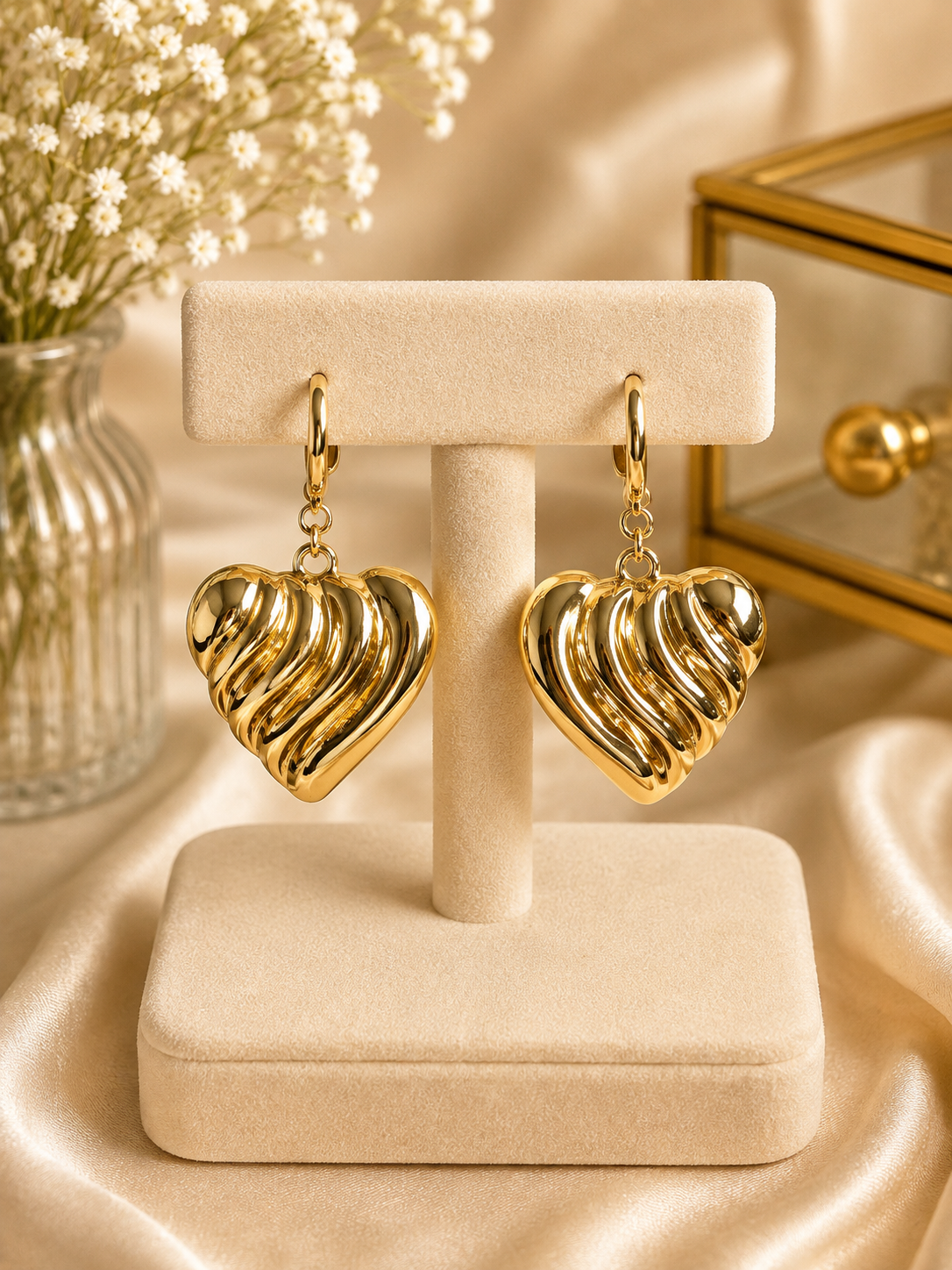 Wavy Ripple Heart Drop Earrings 14k Gold Plated