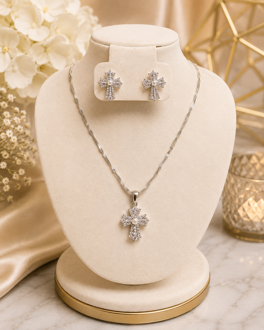 Celeste Cross Necklace & Earrings Set 14k Gold Plated Blue or Clear Cz