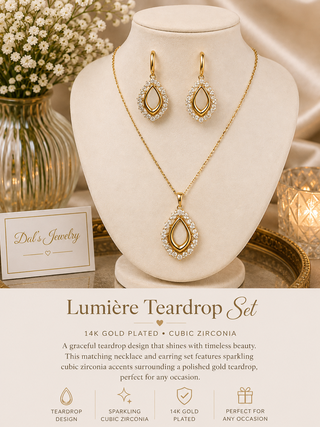 Lumiere Teardrop Sparkle Necklace & Earrings Set 14k Gold Plated