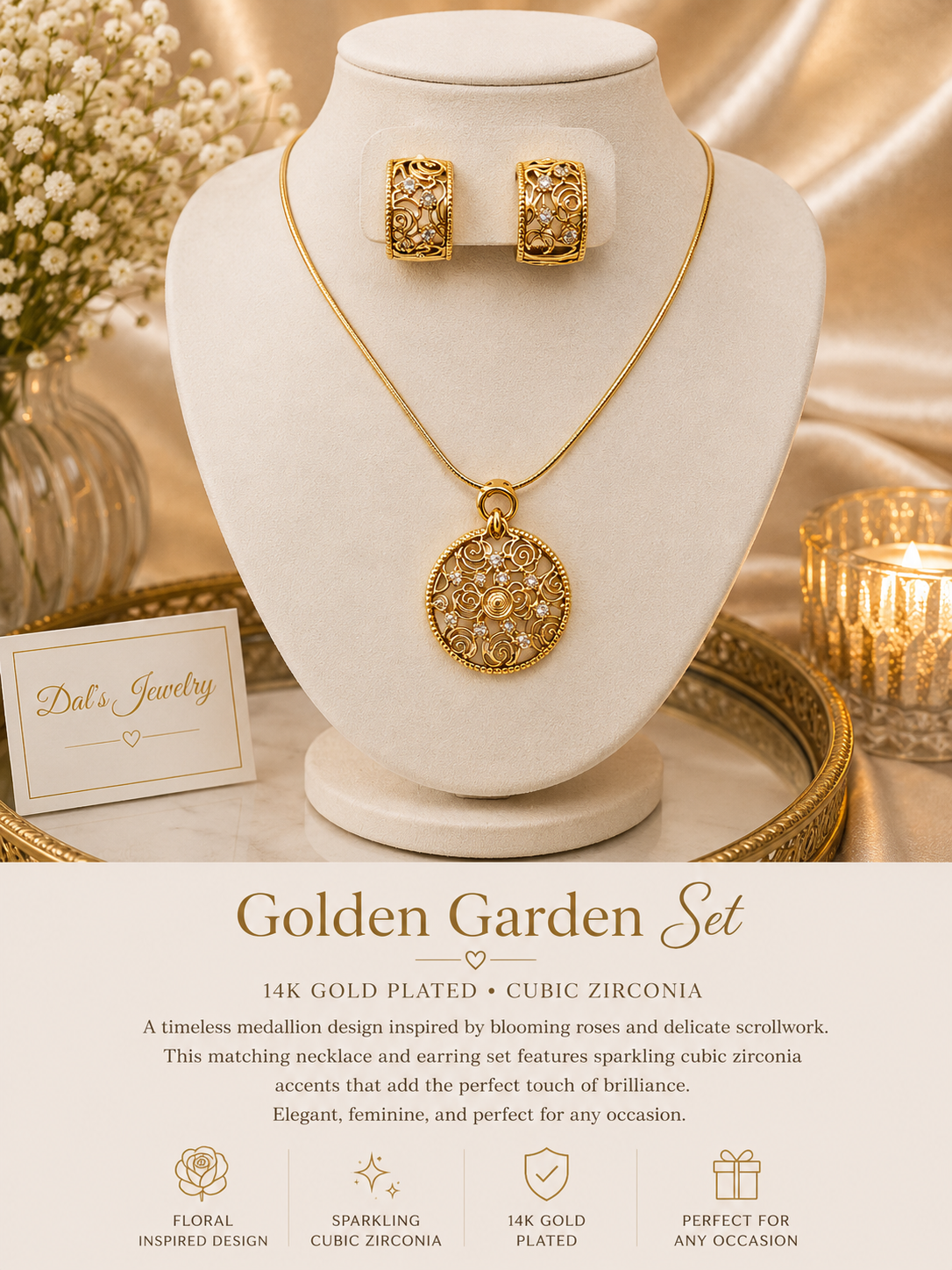 Golden Garden Medallion Necklace & Earrings Set 14k Gold Plated