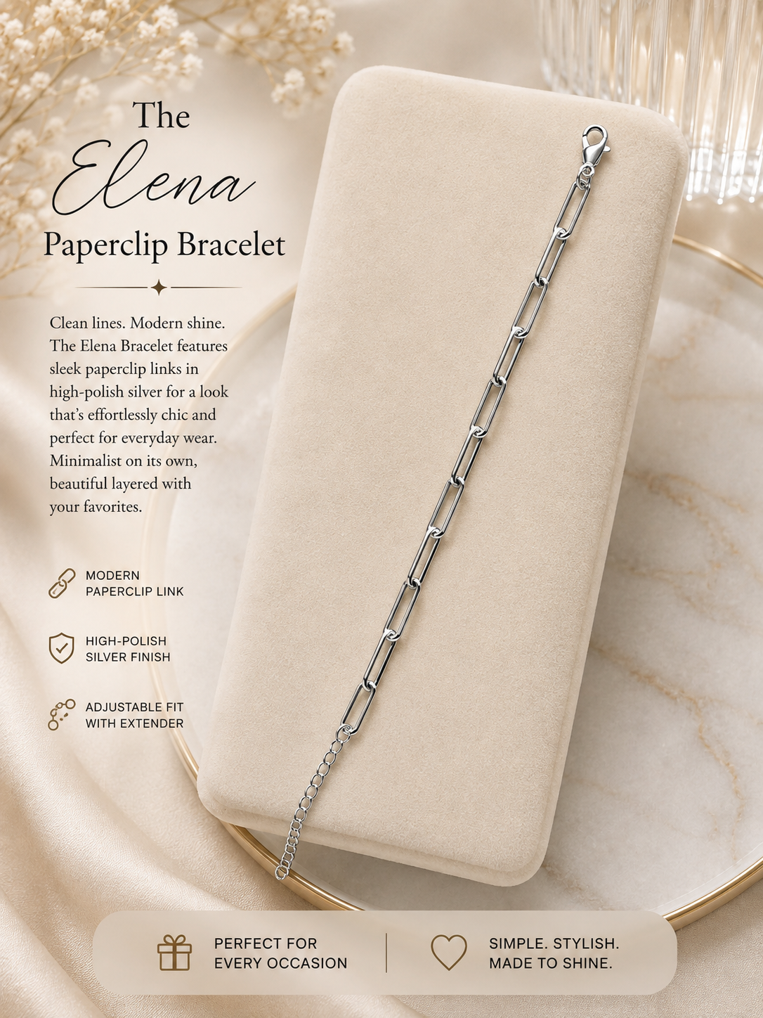 The Elena Paperclip Bracelet up to 9” 14k Gold Plated