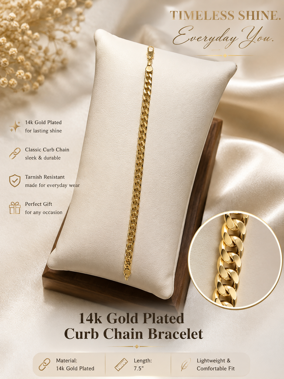 The Valentina Classic Curb Bracelet 7-9” 14k Gold Plated