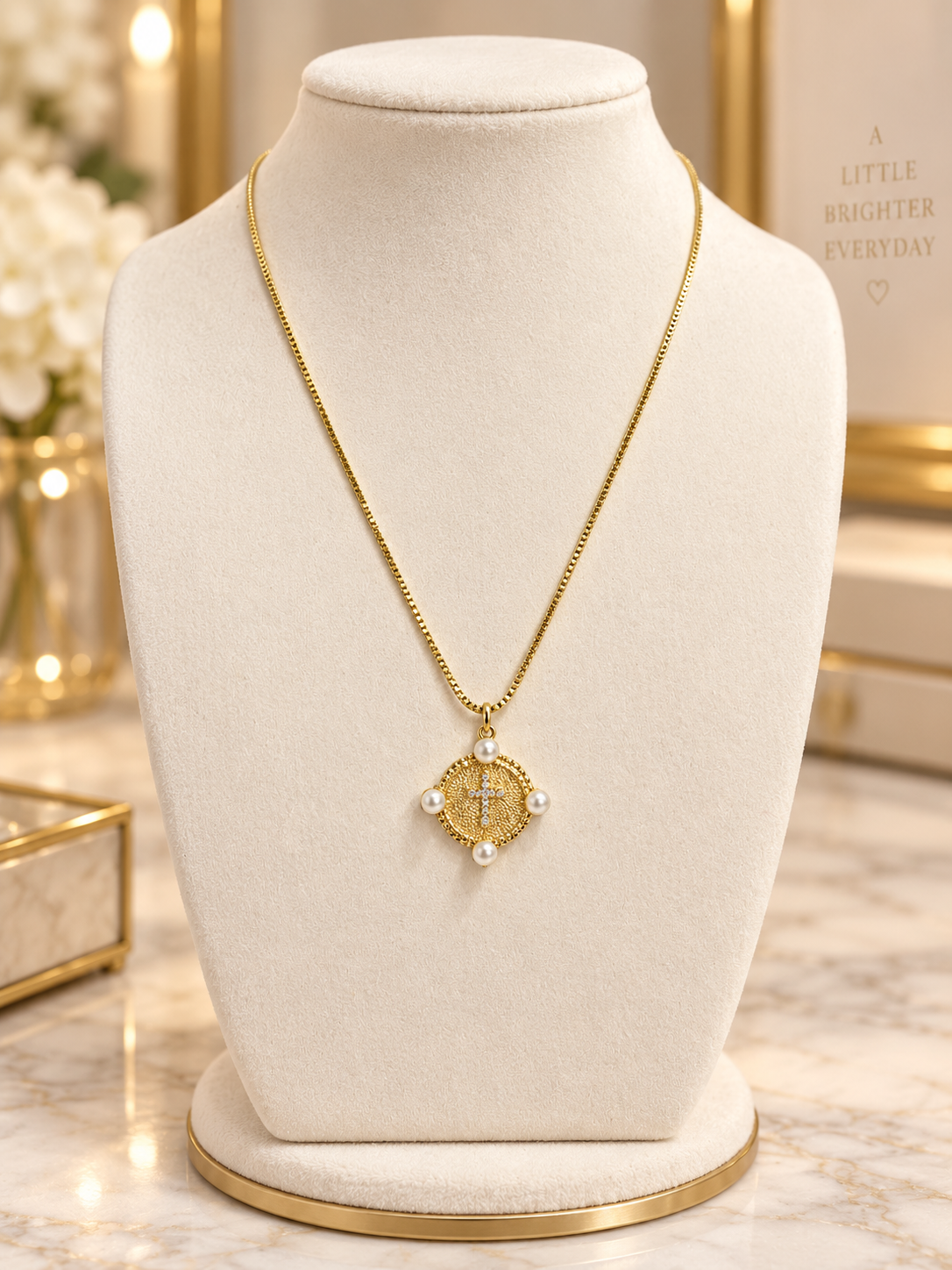 Pearl Cross Necklace 14k Gold Plated 17.5”