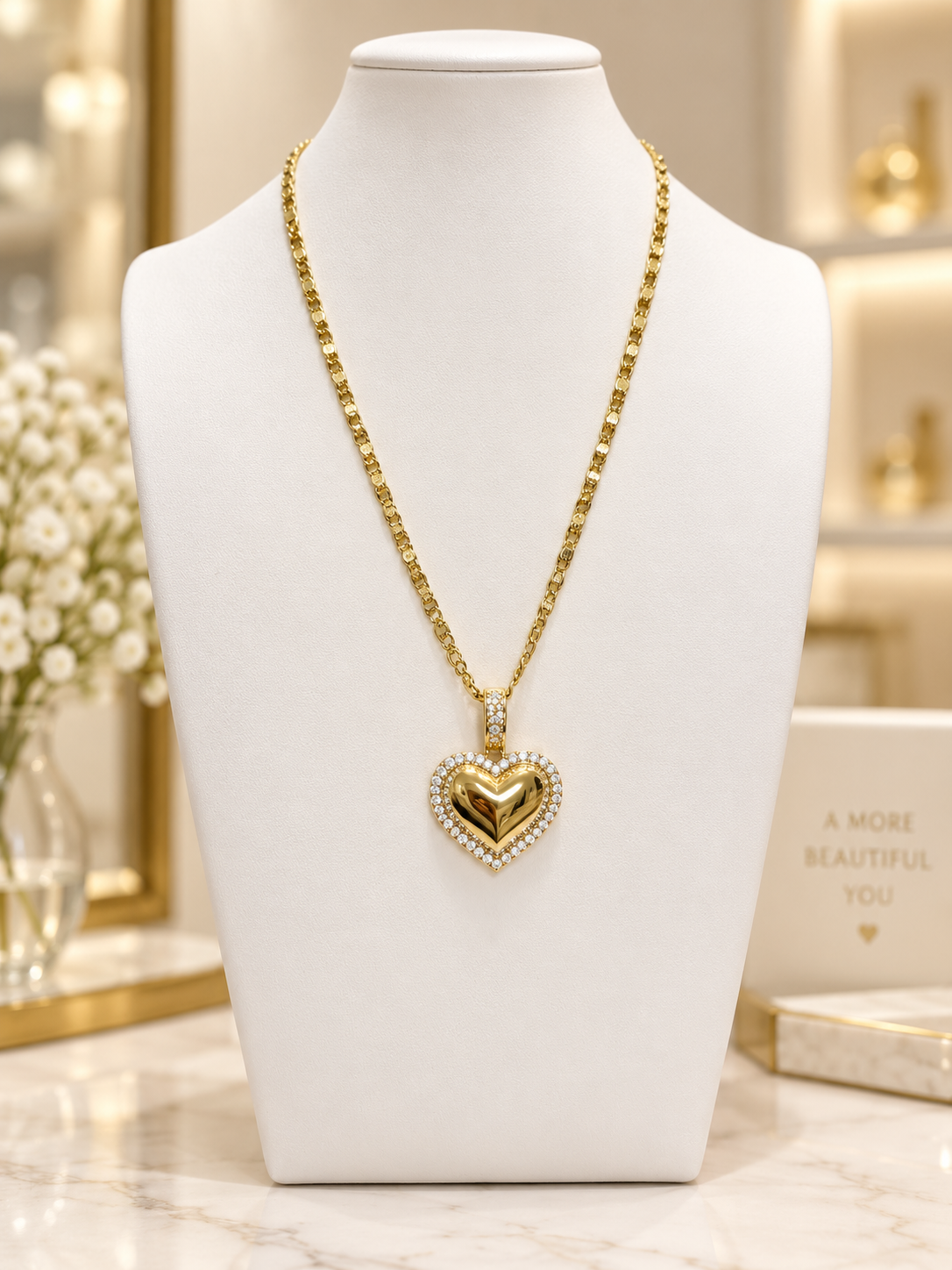 Love Glow CZ Heart Necklace 14k Gold Plated 17”